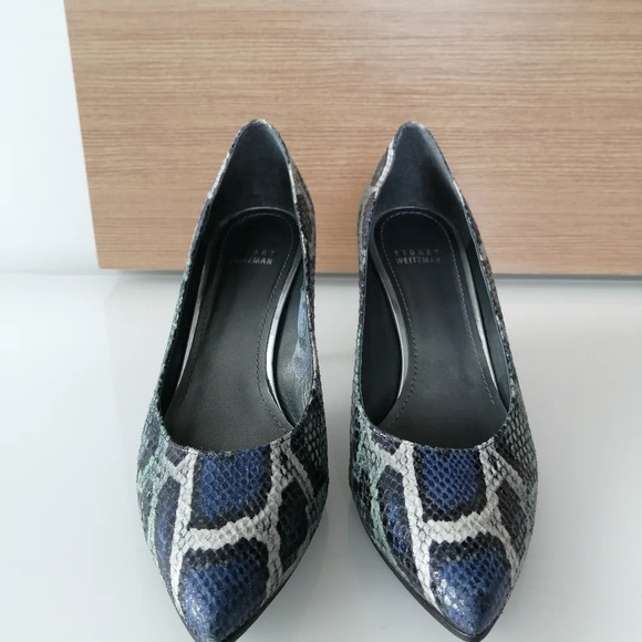 Stuart Weitzman Green Blue Snake Print Leather Pointed Toe 3.5" Heels 9.5 - Picture 4 of 17